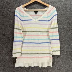 Talbots T-Shirt Women S Small White Striped V-Neck Long Sleeve Cotton Casual